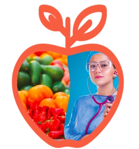 Médecin, fruits et légumes dans un icône de pomme